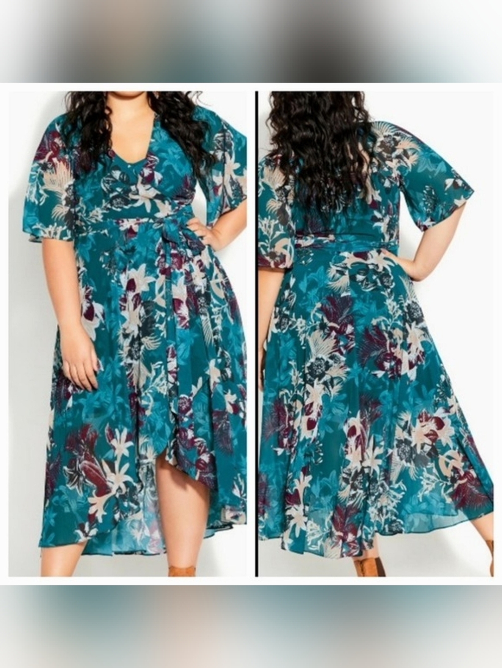 City Chic - Teal Floral Wrap High Low Dress
